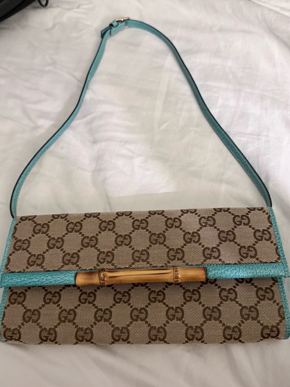 Gucci Brown GG Canvas Shoulder Bag with Turquoise Trim and Bamboo Accent